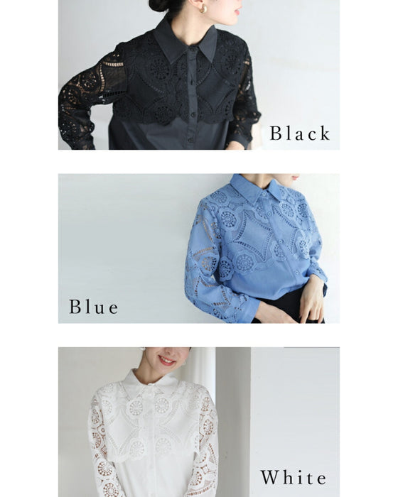 美しいカットワークの花レースシャツトップス