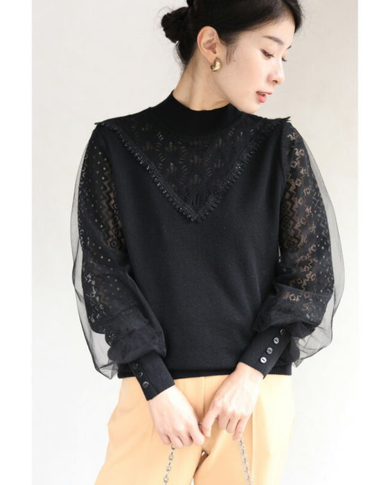 デコルテレースのベールポワン袖ニットプルオーバートップス