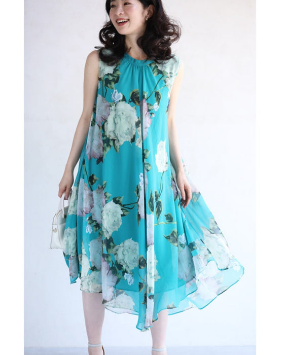透明感溢れるシアーな花画ミニワンピース