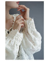 Fluffy brushed sheer blouse top with floral lace neck