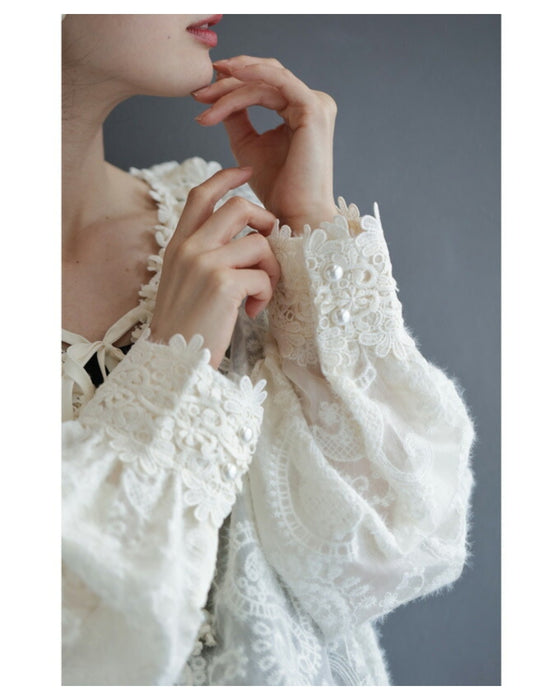 Fluffy brushed sheer blouse top with floral lace neck