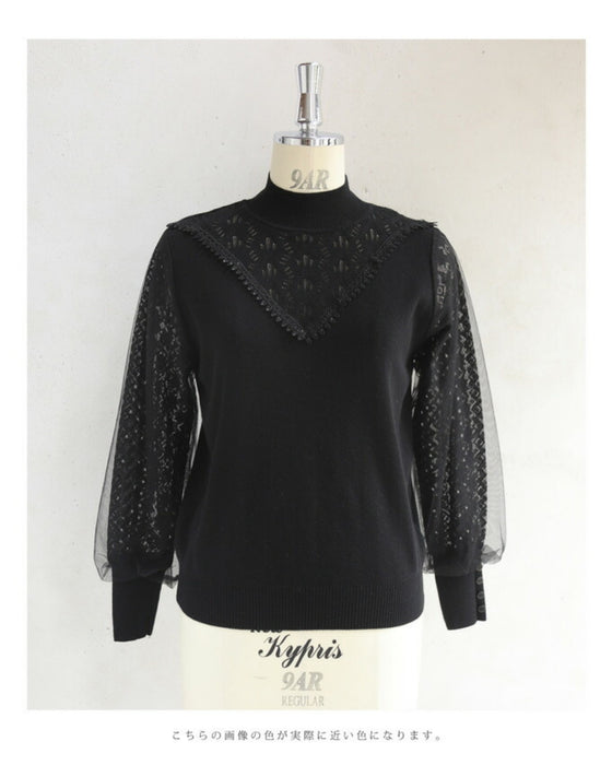 デコルテレースのベールポワン袖ニットプルオーバートップス