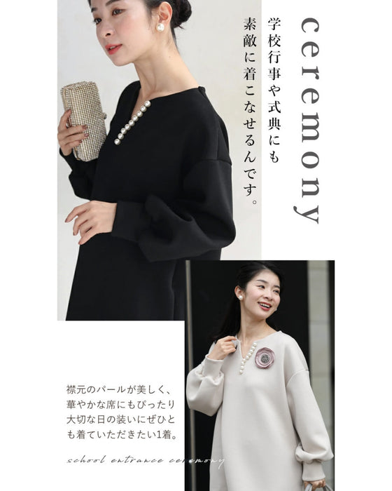 艶めくパールが流れるロングワンピース