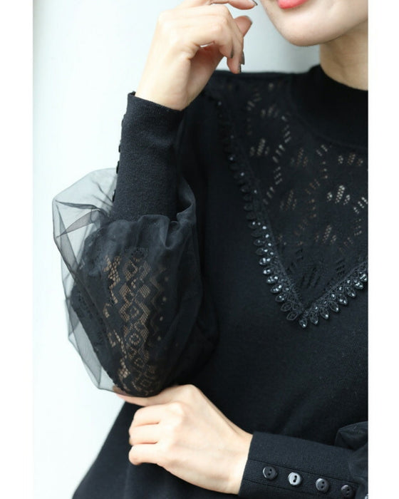 デコルテレースのベールポワン袖ニットプルオーバートップス