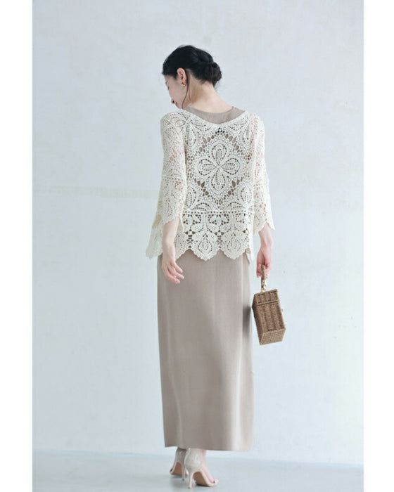 A two-piece set of a crochet top and a knit dress that will keep you cool and beautiful this summer