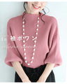 Knit top with puffed sleeves and off-neck puffed sleeves