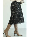 【セール商品返品交換不可】浮かぶ黒花レースのミディアムスカート