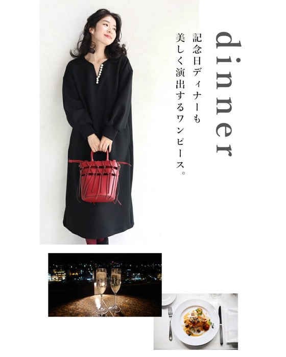 艶めくパールが流れるロングワンピース