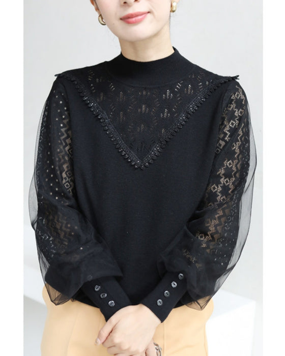 デコルテレースのベールポワン袖ニットプルオーバートップス