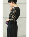 Black tuck dress with floral lace sleeves (black)