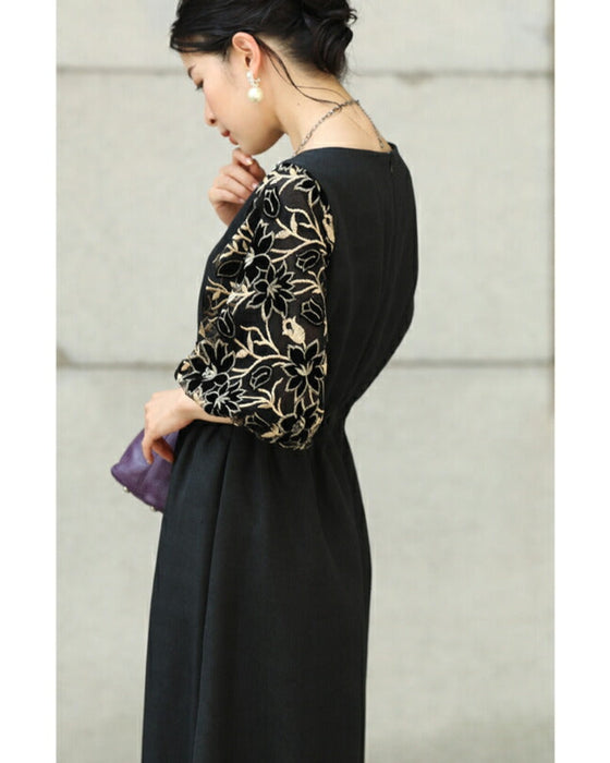 Black tuck dress with floral lace sleeves (black)