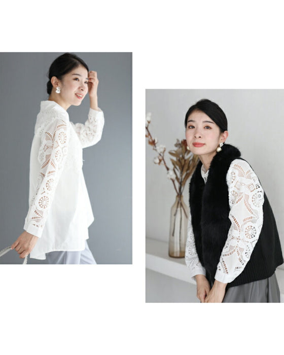 美しいカットワークの花レースシャツトップス