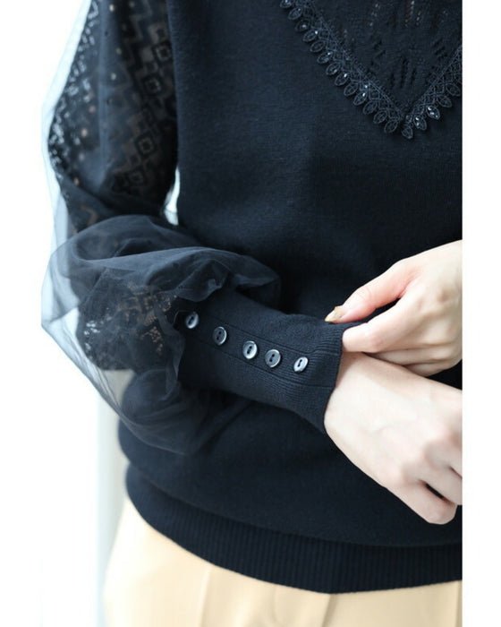 デコルテレースのベールポワン袖ニットプルオーバートップス