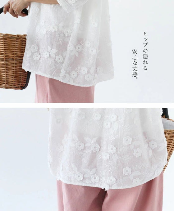 淡く儚い、立体花刺繍 ブラウス