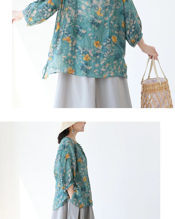 Love at first sight watercolor flower linen blouse top