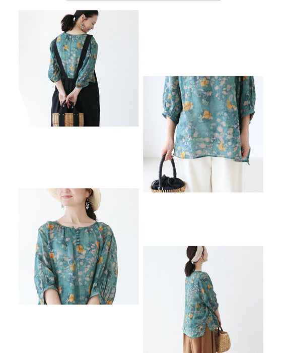 Love at first sight watercolor flower linen blouse top