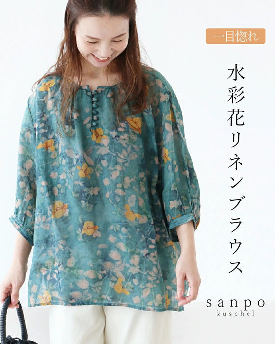 Love at first sight watercolor flower linen blouse top