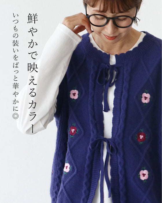 Flower embroidery front open vest