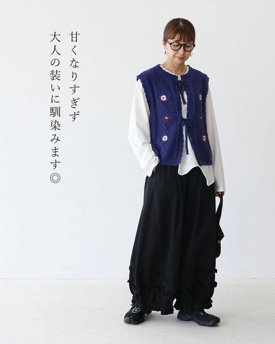 Flower embroidery front open vest