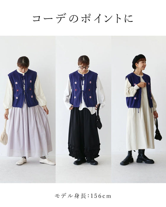 Flower embroidery front open vest