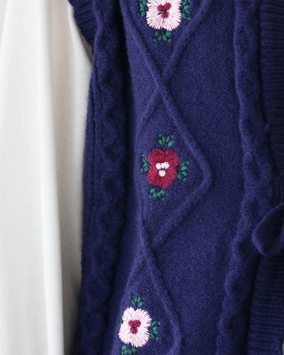 Flower embroidery front open vest