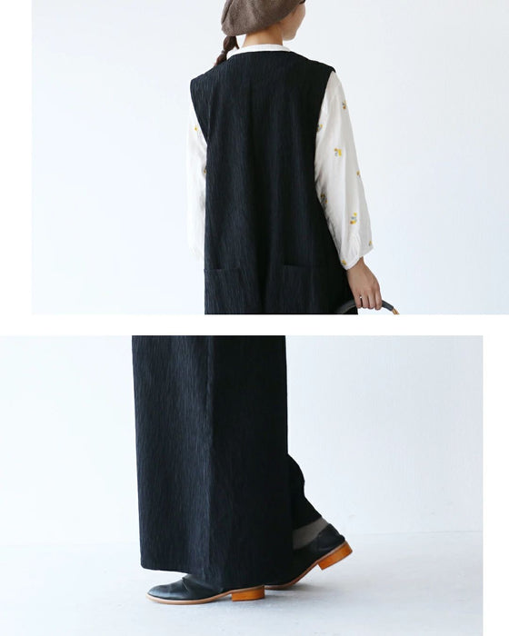 Woven fabric overalls with vertical lines