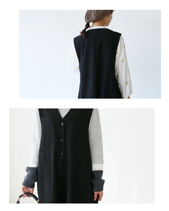 Woven fabric overalls with vertical lines