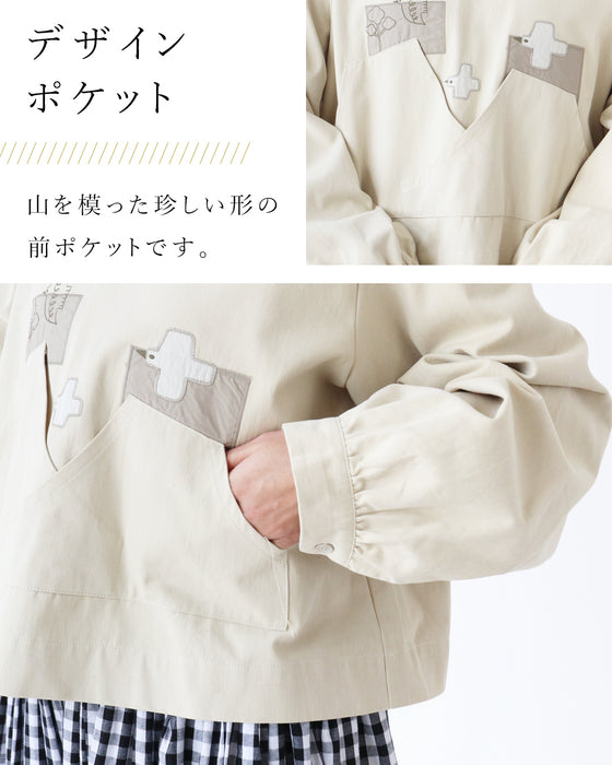 鳥さん刺繍と デザインパッチトップス