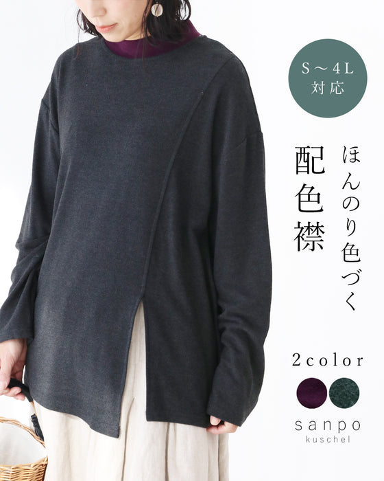 ほんのり色づく 配色襟トップス