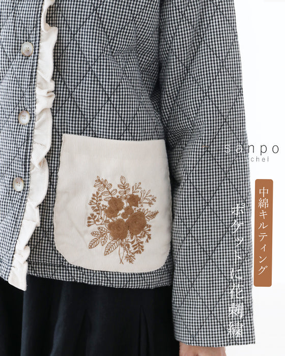 中綿キルティングポケットに花刺繍 アウター