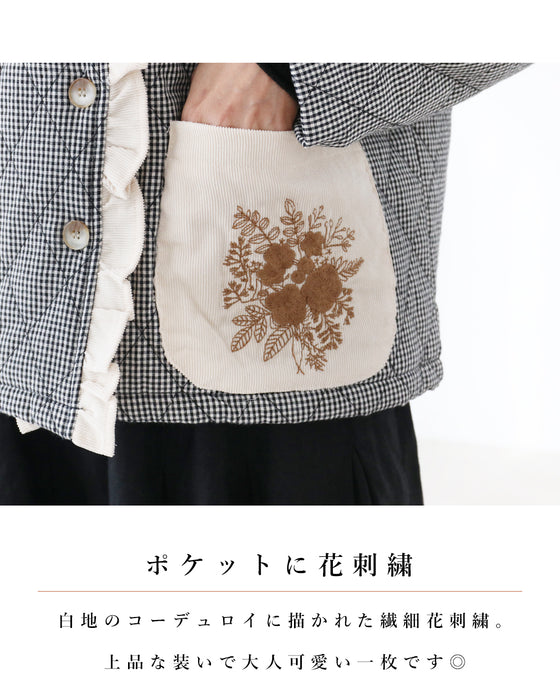 中綿キルティングポケットに花刺繍 アウター