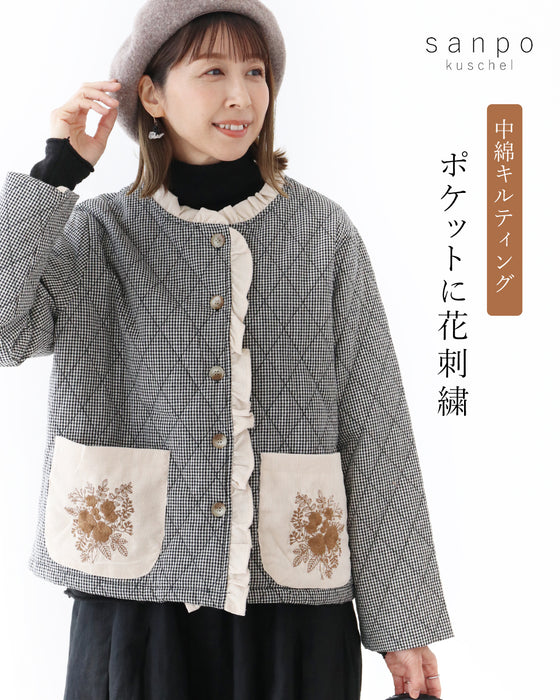 中綿キルティングポケットに花刺繍 アウター