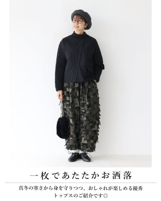 かぶって着られるキルティングの切り替えアシメトップス