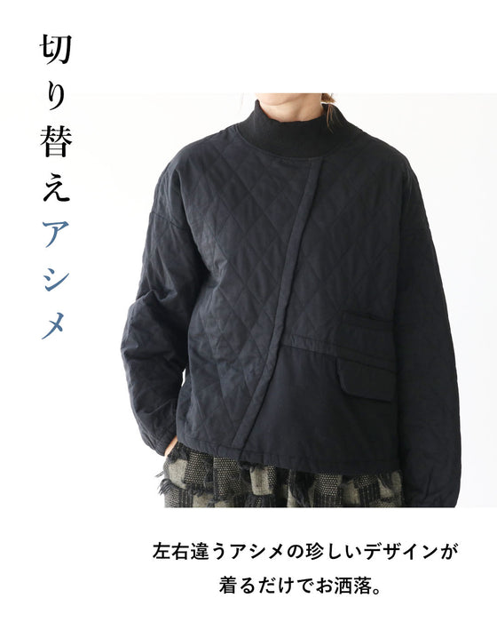 かぶって着られるキルティングの切り替えアシメトップス