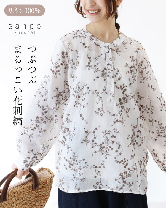 リネン100%つぶつぶまるっこい花刺繍ブラウス