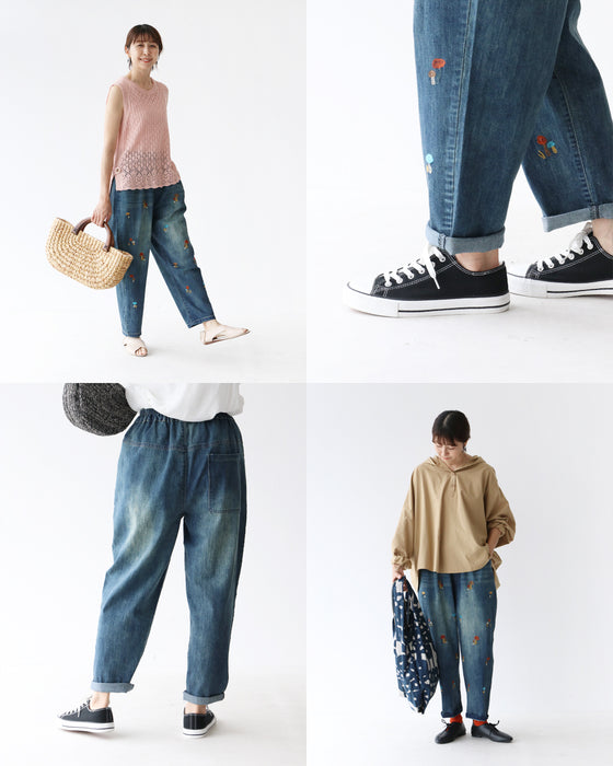 【特別再販10月30日0時販売】きのこ刺繍の伸縮デニムパンツ