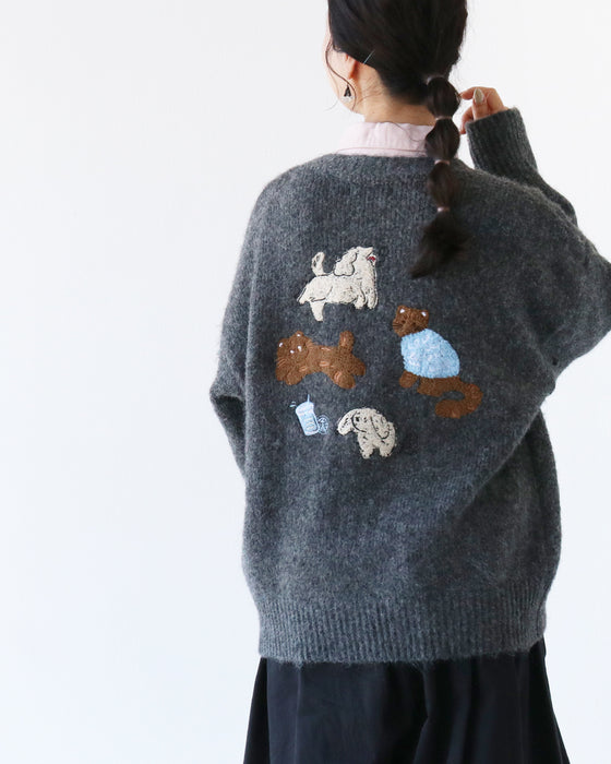 わんにゃん集合刺繍カーディガン