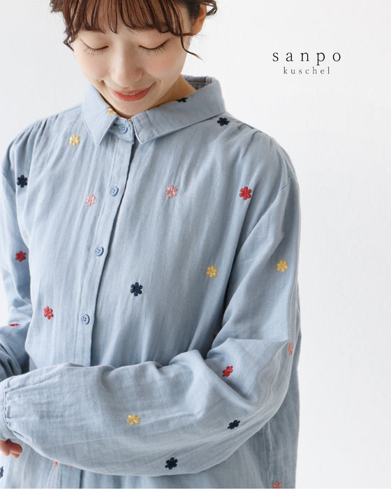 色花刺繍のガーゼシャツ