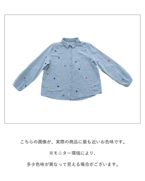 色花刺繍のガーゼシャツ