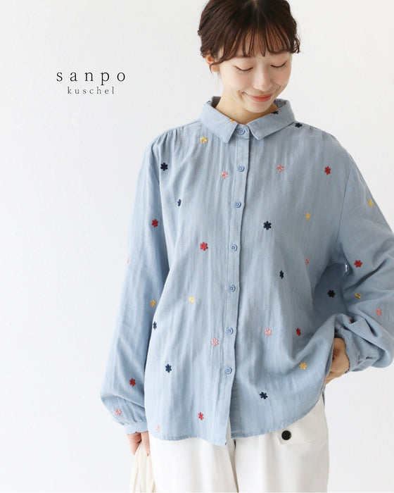 色花刺繍のガーゼシャツ