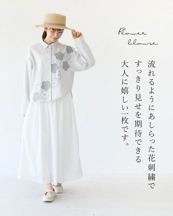 縦ライン強調ですっきり 花刺繍ブラウス