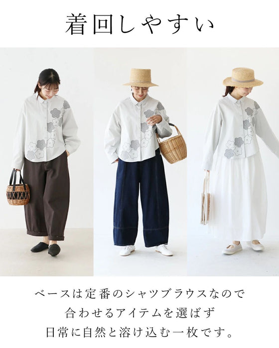 縦ライン強調ですっきり 花刺繍ブラウス