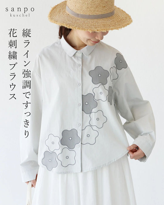 縦ライン強調ですっきり 花刺繍ブラウス