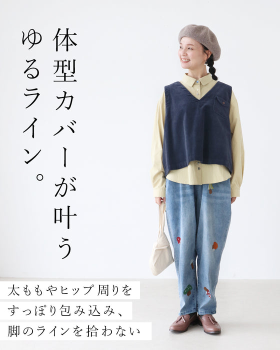 【S～3L対応】きのこ刺繍の伸縮デニム
