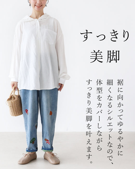 【S～3L対応】きのこ刺繍の伸縮デニム