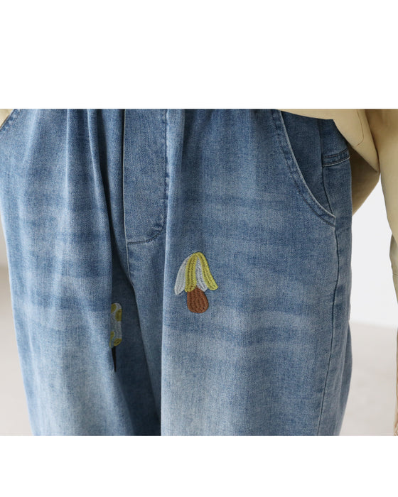 【S～3L対応】きのこ刺繍の伸縮デニム