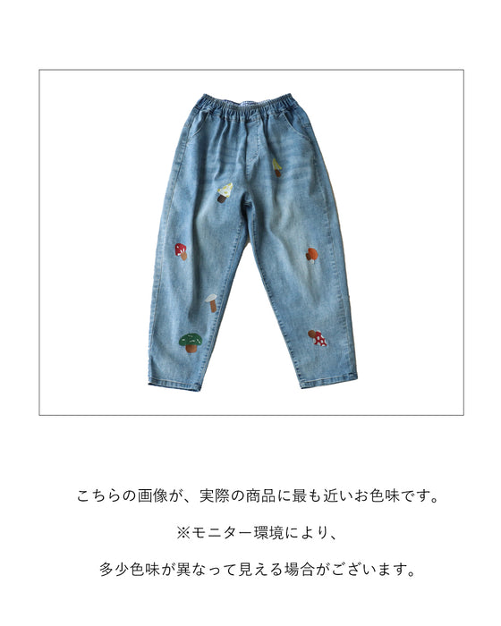 【S～3L対応】きのこ刺繍の伸縮デニム