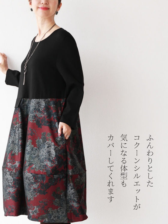 【アウトレット返品交換不可】モノクロームな百合の花ワンピースゆったり