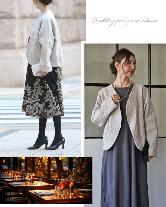 A collarless jacket that matches the Vieo dress