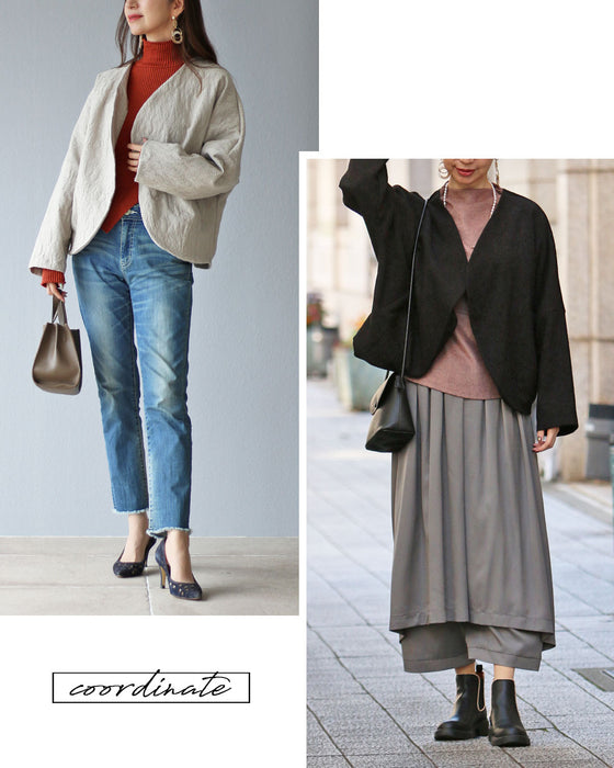 A collarless jacket that matches the Vieo dress